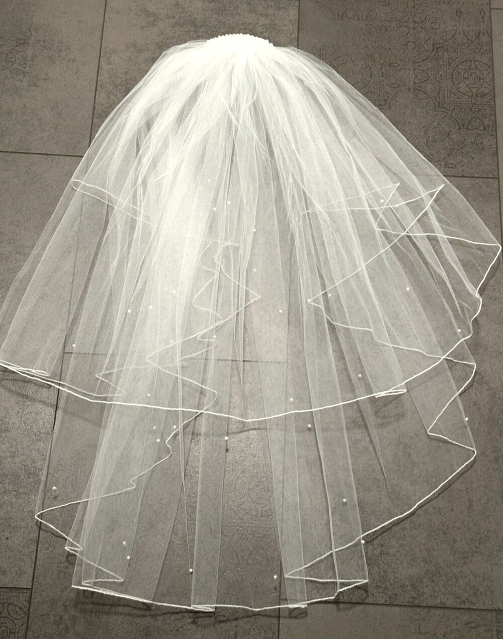 2 Tier Vail white wedding beaded faux pearls fingertip length simple elegance